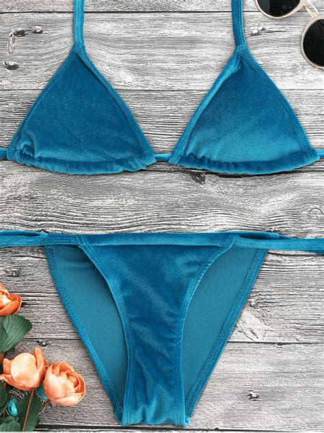 2018 Halter Velvet Thong Bikini Set In Peacock Blue M Zaful