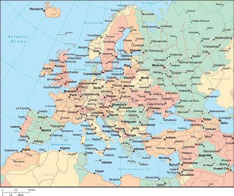 Multi Color Europe Map With Countries Major Cities Map Resources