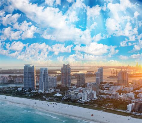 Miami Beach Aerial Skyline On A Beautiful Winter Sunset Stock Image