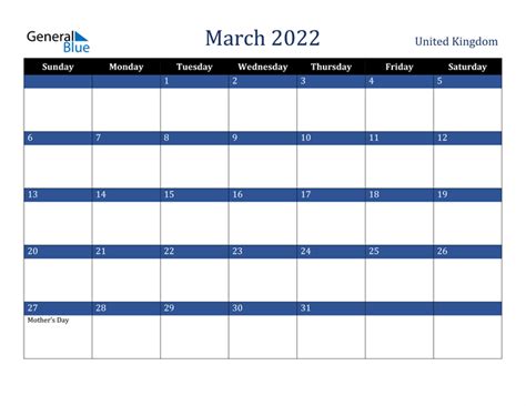 March 2022 Calendar With United Kingdom Holidays