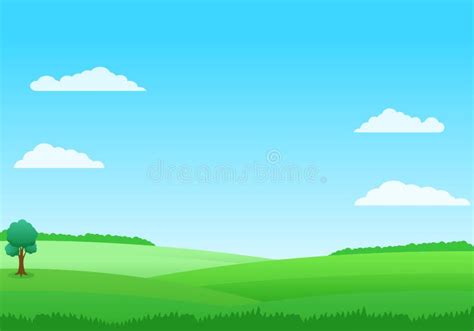 Field Landscape Vector Illustration With Green Grass And Blue Sky Stock