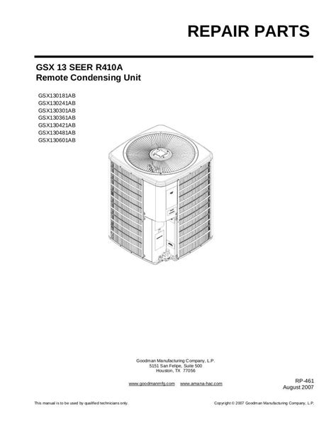 Goodman Air Conditioner Parts Manual Model Gsx130181ab