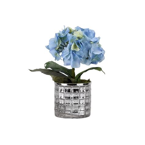 dandw silks indoor blue hydrangea in round mirrored glass vase 175144 the home depot