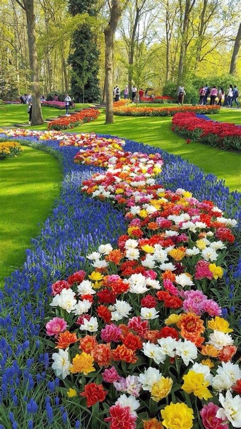 Many Different Colored Flowers Are In The Middle Of A Flowerbed Lined