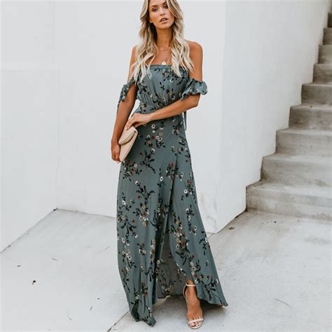 Bellflower Print Elegant Bohemian Dress Women 2019 Summer Off Shoulder Strapless Split Flower