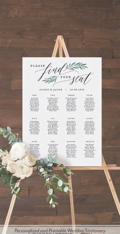Greenery Seating Chart Wedding Printable Seating Plan Sign Find Your