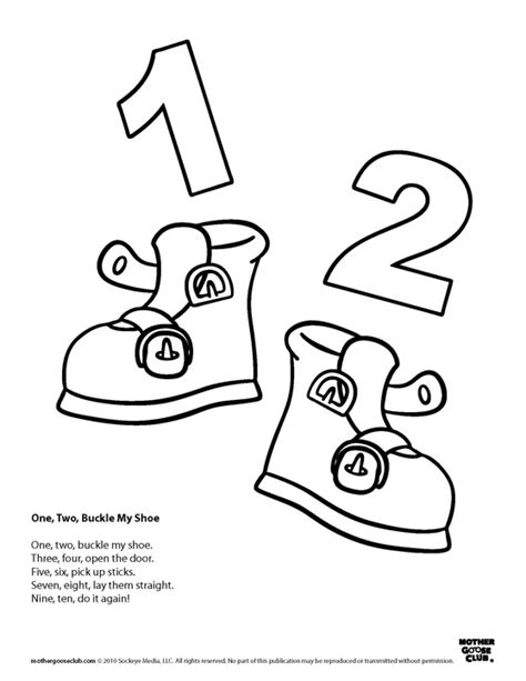 Familiarize your child with some simple sight words and rhymes with this coloring page of one, two. Coloring Pages: One Two Buckle My Shoe | Speakaboos Worksheets