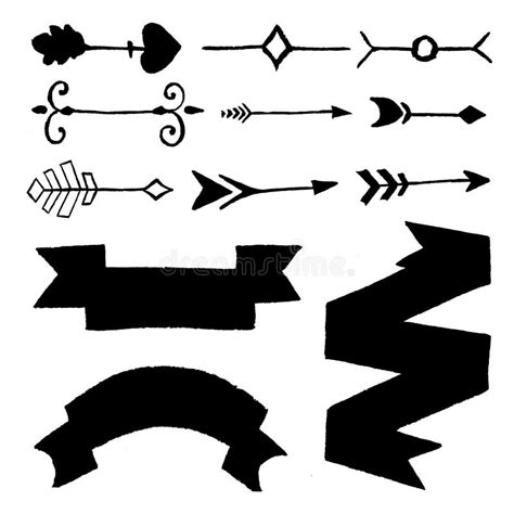 Set Of Silhouettes Of Arrows And Banners From A Ribbon Stock