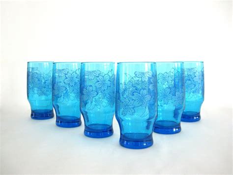 Vintage Aqua Blue Drinking Glasses Glass Tumbler Set Of Six 6 Azure Laser Daisy Floral