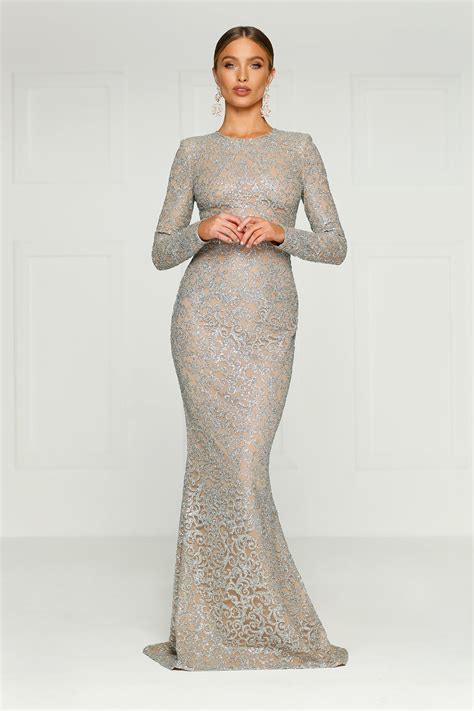 Jolanda Silver Glitter Gown With Long Sleeves And High Neckline