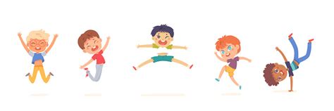 Happy Kids Jump Set Vector Illustration Dessin Animé Isolé Groupe