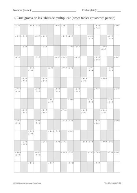 Page Tablas De Multiplicar Crucigramas Excel Calendario Sexiz Pix