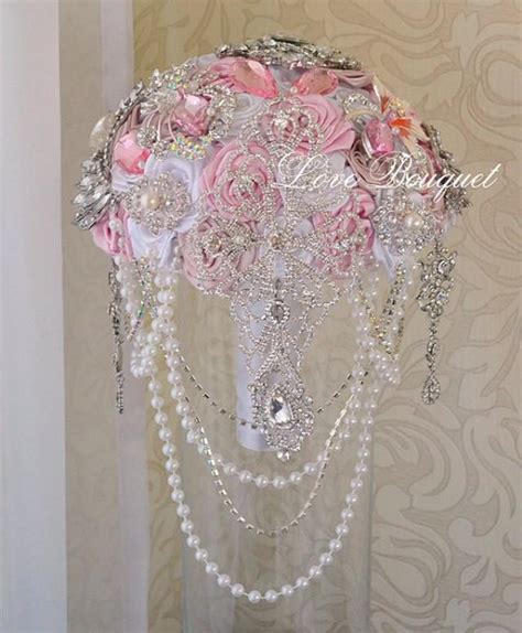 Blush Pink Cascading Wedding Brooch Bouquet White And Silver Wedding