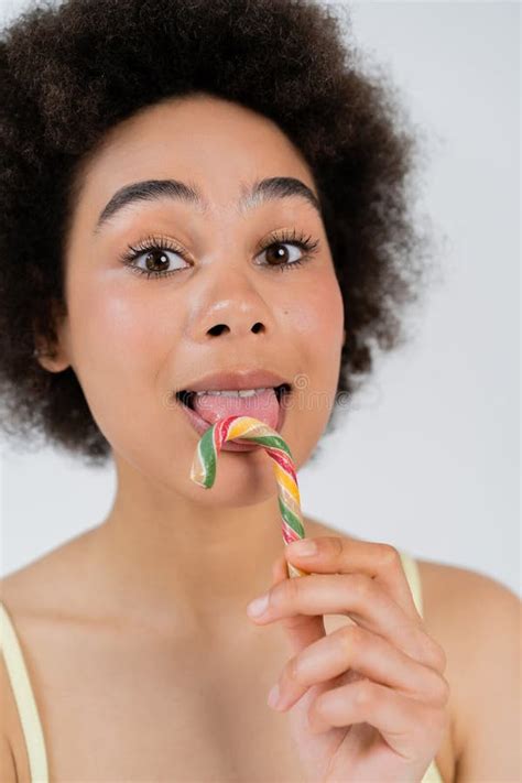 African American Woman Licking Candy Cane Stock Image Image Of Pose Attractive 271341461