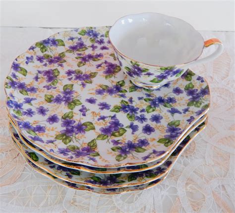 Vintage Chintz China Snack Plate Tea Cup Set Purple Pansies Etsy