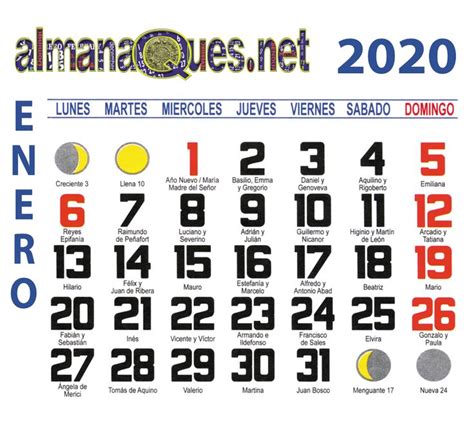 Calendario 2020 Con Santoral Y Lunas Calendario Con Santoral