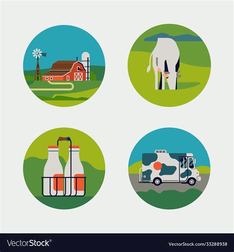 Set Dairy Milk Farm Round Shaped Icons Or Vector Image