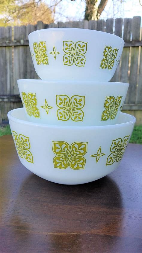 Fire King Mixing Bowls Nesting Square Green Flowers S 3 Etsy Mixing
