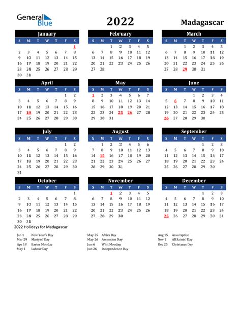 2022 Madagascar Calendar With Holidays