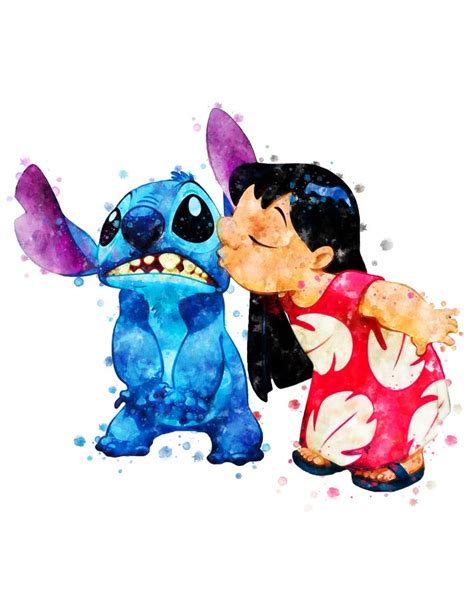 An Art Print Of Stitch And Stitch Kissing In Front Of A Brick Wall With