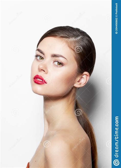 Woman With Red Flower Look Forward Red Lips Naked Shoulders Model Charm