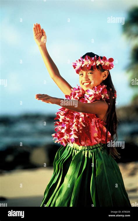 Young Hawaiian Girl Age 7 Dancing A Modern Auana Hula On The Beach