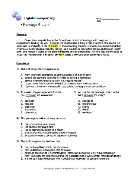 Reading Comprehension 6 Level 12 Worksheet For 11th 12th Grade