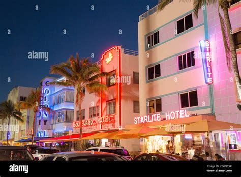Colourful hotel facades illuminated by night, Ocean Drive, Art Deco