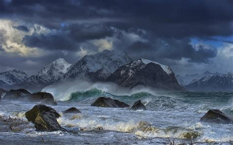 Nature Landscape Sea Waves Mountain Coast Wind Clouds Snowy