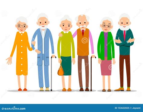 Cartoon Character Old Group Older People Are Standing Together And Smiling Retired Elderly
