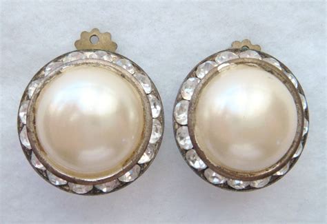 Large Faux Pearl And Clear Rhinestone Clip On Earrings Etsy Clip On