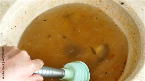 Clogging In The Kitchen Sink Dirty Dishwater Accumulated In The Sink A
