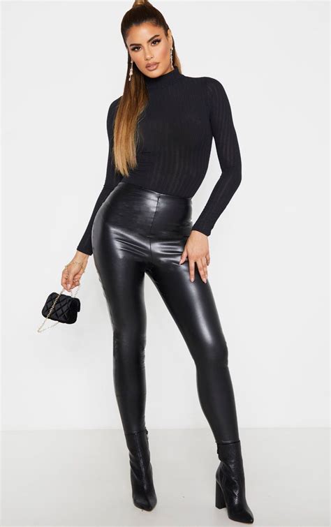 tall black faux leather high waisted leggings shiny leggings wet look leggings sexy leather