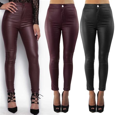 New Ladies High Waisted Pu Tube Jeans Women Leather Wet Look Skinny Fit Trousers Ebay
