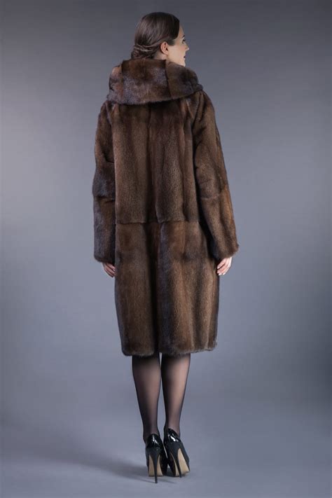 Natural Brown Mink Fur Hooded Coat Tied With Belt Handmade By Nordfur