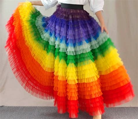 Women Rainbow Tulle Skirt Maxi Colorful Tutu Skirt Rainbow Costume High