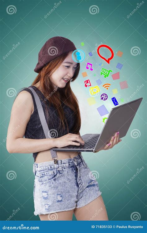 Girl Using Social Media With Laptop Stock Image Image Of Girl