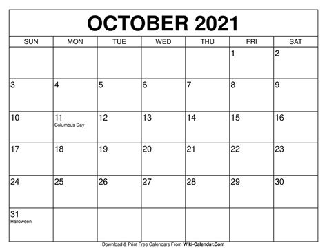 October 2021 Calendar Printable Example Calendar Printable