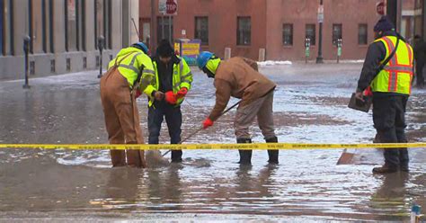Water Main Breaks Floods Milk Street In Boston On Coldest Day Of Season