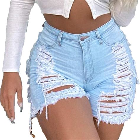 Baratine Light Blue Cut Out Denim Shorts With Tassel Women Hollow Out