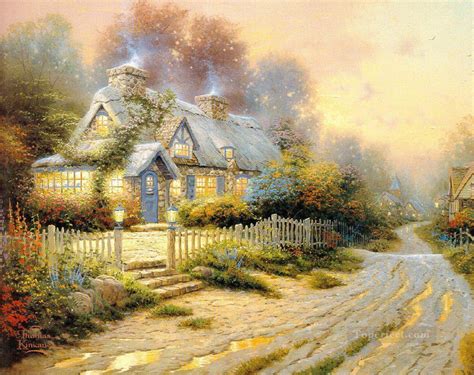 Teacup Cottage Thomas Kinkade Painting In Oil For Sale