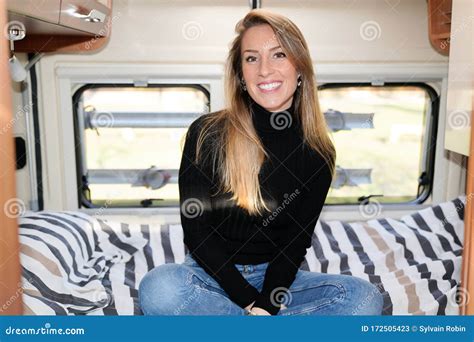 Beautiful Woman In Rv Looking Sit In Motorhome Bed In Vanlife Campervan Stock Image Image Of