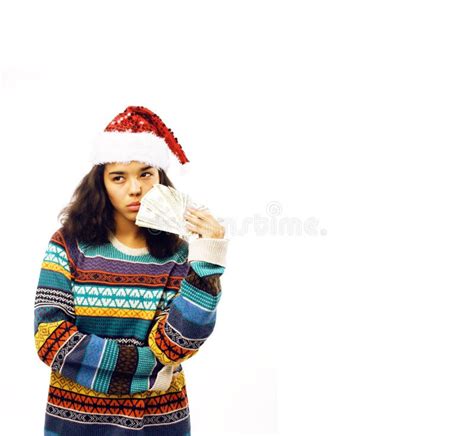 Cute Young Real African Hipster Girl In Santas Red Hat Isolated On
