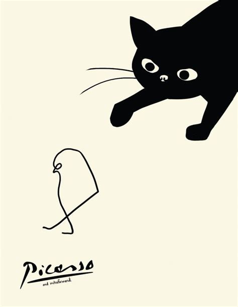 Mirellabruno “picasso Cat Stalking A Bird ” Cat Drawing Line