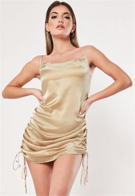 Champagne Satin Cami Ruched Side Mini Dress Mini Dress With Sleeves