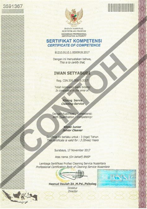 Sebelum adanya perkap no 24 tahun 2007,anggota satpam belum mengenal tingkatan. Contoh Sertifikat Kompetensi - LSP Cleaning Service Nusantara