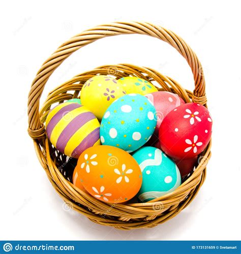 Colorful Handmade Painted Easter Eggs In The Basket Isolated Stock