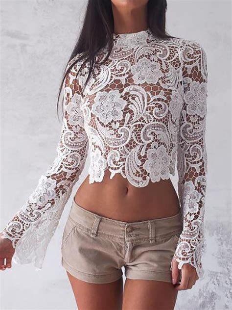 Elegant Turtleneck White Lace Blouses See Through Sexy Long Sleeve Crochet Short Blouse Women