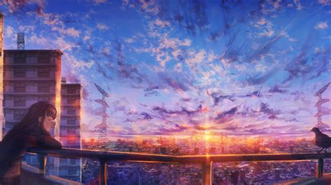 Download 1920x1080 Anime Landscape Sunset Cityscape