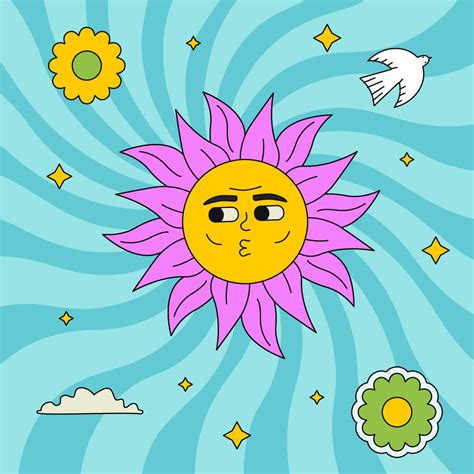 Bright Groovy Illustration With Funky Sun Vector Trendy Outlined Patch